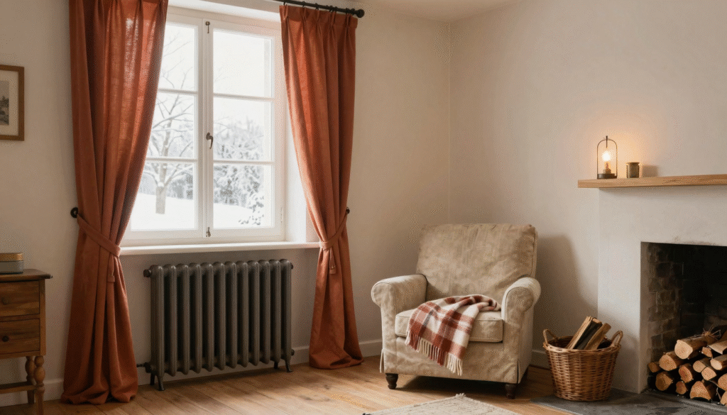 Salon d'hiver chaleureux avec radiateur en fonte, rideaux épais tirés et plaid en laine sur un fauteuil