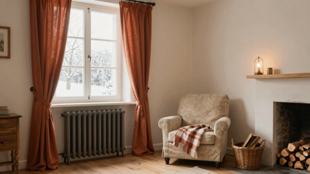 Salon d'hiver chaleureux avec radiateur en fonte, rideaux épais tirés et plaid en laine sur un fauteuil