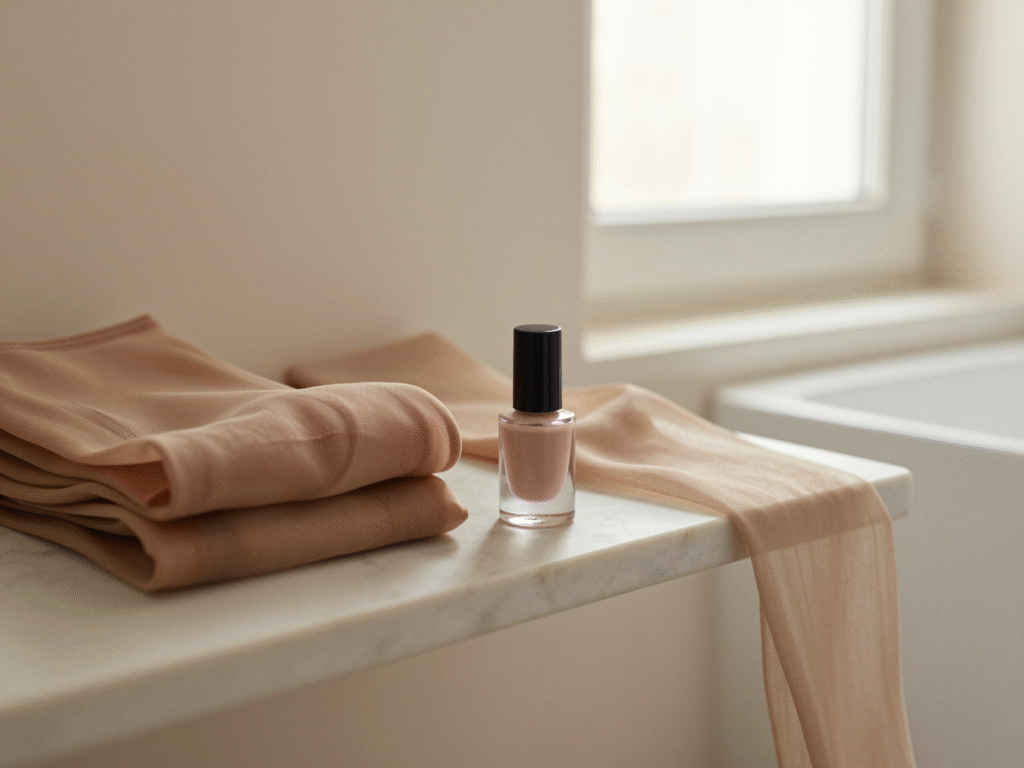 Flacon de vernis transparent posé à côté de collants pliés sur une étagère de salle de bain