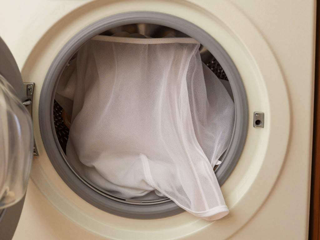 Collants glissés dans un filet de lavage à mailles fines posé sur le tambour du lave-linge