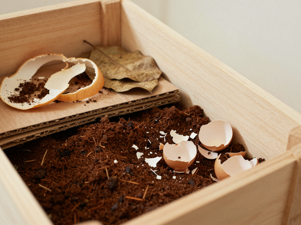Couches de compost dans un bac : épluchures fraîches, carton brun, feuilles mortes et coquilles d'œufs écrasées