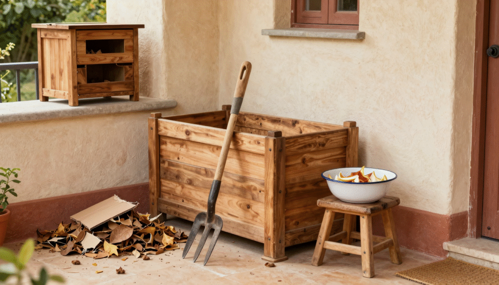 Bac à compost en bois dans un coin de jardin avec épluchures, feuilles mortes et lombricomposteur de balcon