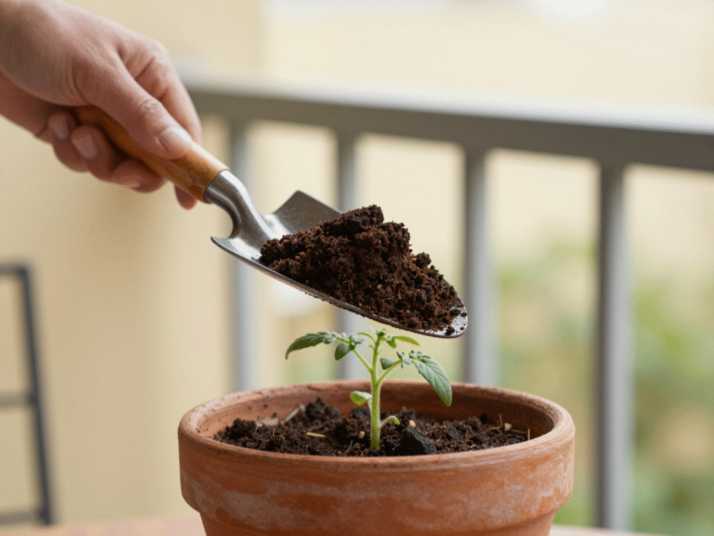 Compost mûr, sombre et friable, dans une pelle de jardinage au-dessus d'un pot de tomate sur un balcon