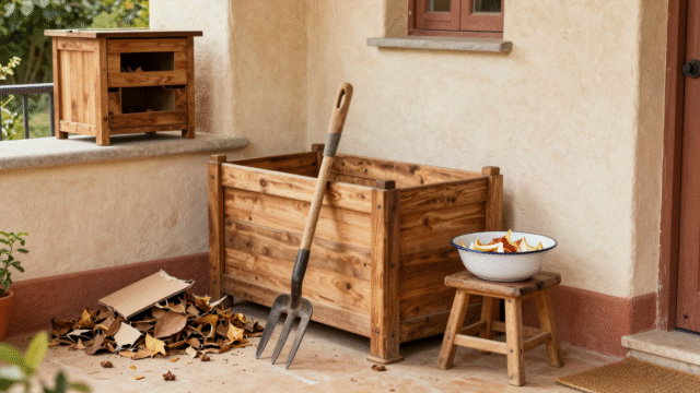 Bac à compost en bois dans un coin de jardin avec épluchures, feuilles mortes et lombricomposteur de balcon