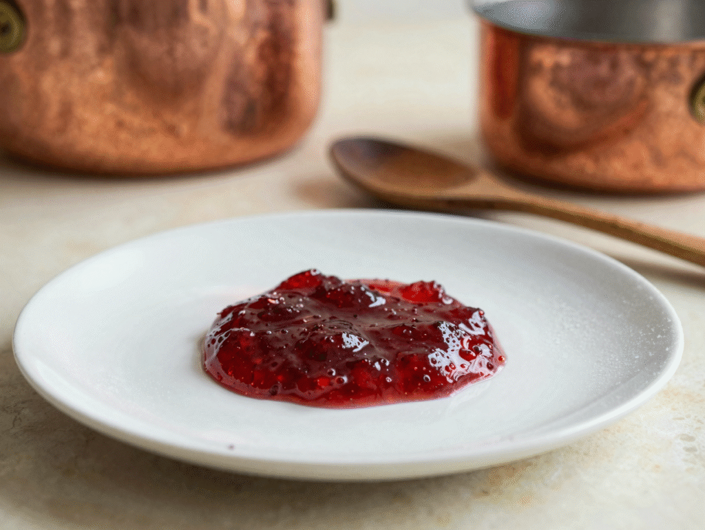 Test de l'assiette froide : goutte de confiture de fraises qui se ride sur une assiette glacée inclinée