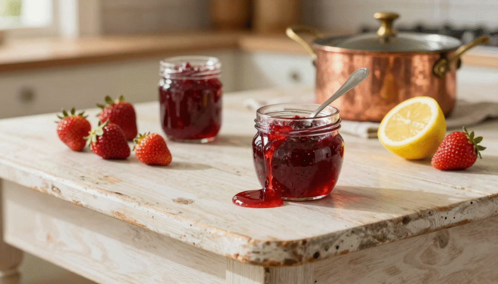 Pots de confiture de fraises maison dont un trop liquide coulant d'une cuillère, citron et bassine en cuivre en arrière-plan