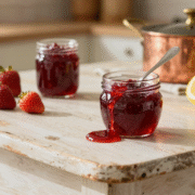 Pots de confiture de fraises maison dont un trop liquide coulant d'une cuillère, citron et bassine en cuivre en arrière-plan
