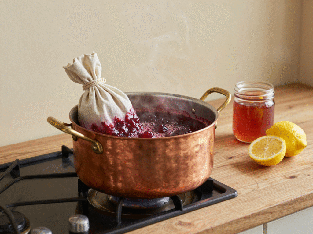 Bassine à confiture en cuivre avec baluchon de gaze rempli de pépins de pomme, citrons et pectine à côté