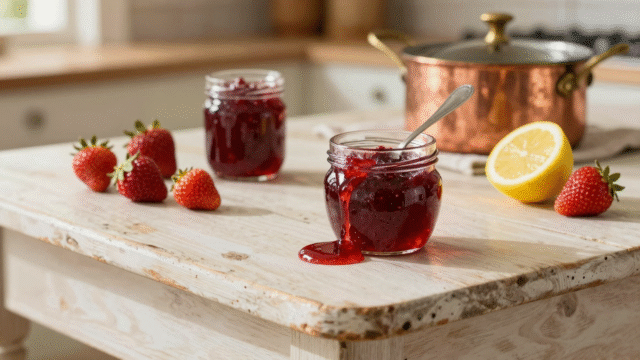 Pots de confiture de fraises maison dont un trop liquide coulant d'une cuillère, citron et bassine en cuivre en arrière-plan