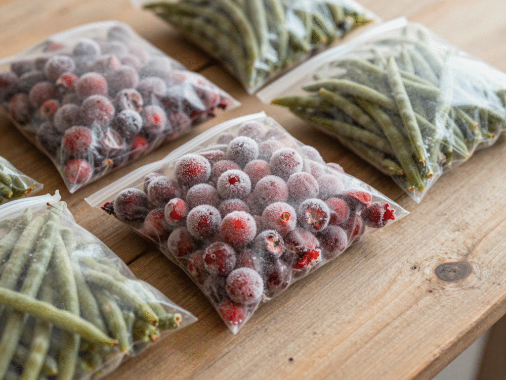 Fruits rouges et haricots verts congelés à plat dans des sacs de congélation