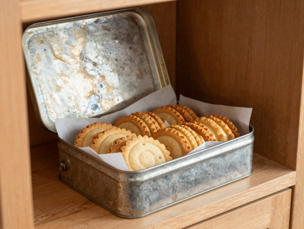 Sablés rangés dans une boîte en métal, séparés par des feuilles de papier cuisson