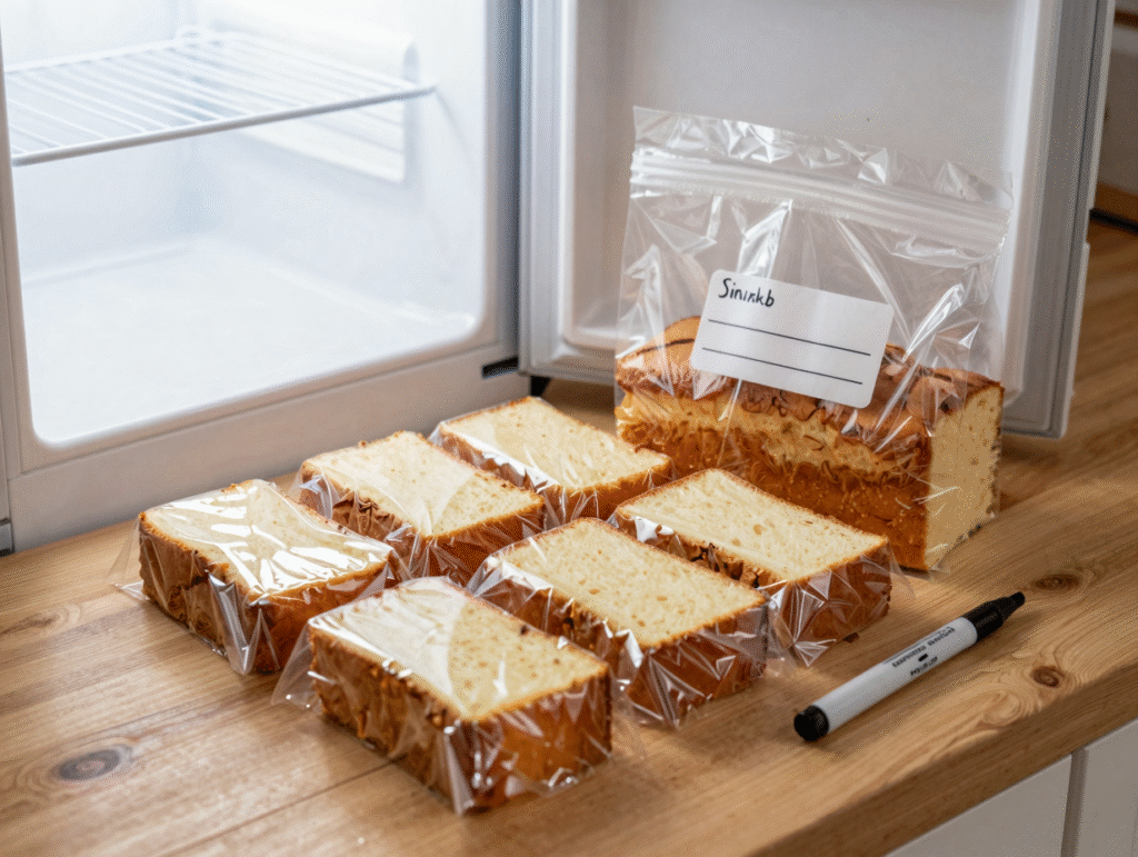 Parts de gâteau emballées une à une dans du film avant la mise au sac congélation