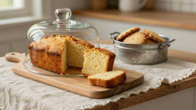 Quatre-quarts entamé sous une cloche en verre à côté d'une boîte à biscuits en métal