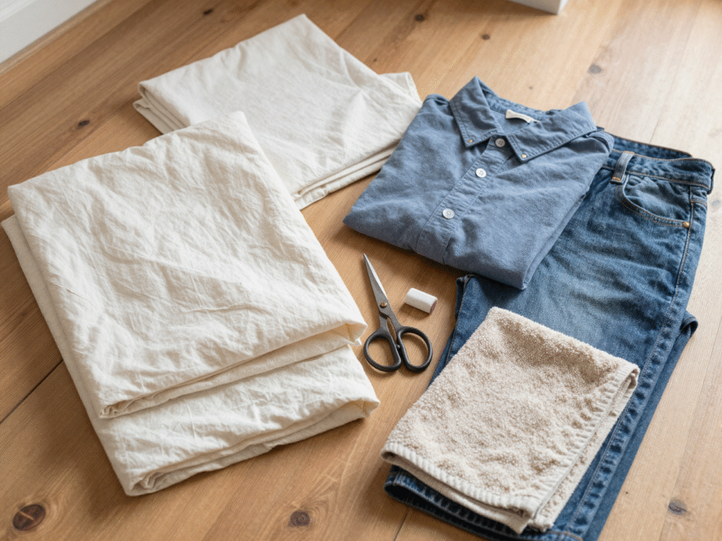 Réserve de tissus de récupération : vieux draps pliés, chemise à boutons, jean et serviette éponge avec ciseaux de couture