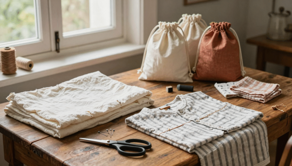 Table de couture avec vieux draps et chemise découpés, ciseaux, fil et sacs à vrac cousus en tissu de récupération