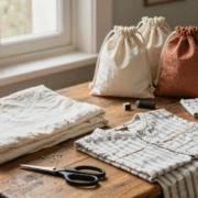 Table de couture avec vieux draps et chemise découpés, ciseaux, fil et sacs à vrac cousus en tissu de récupération