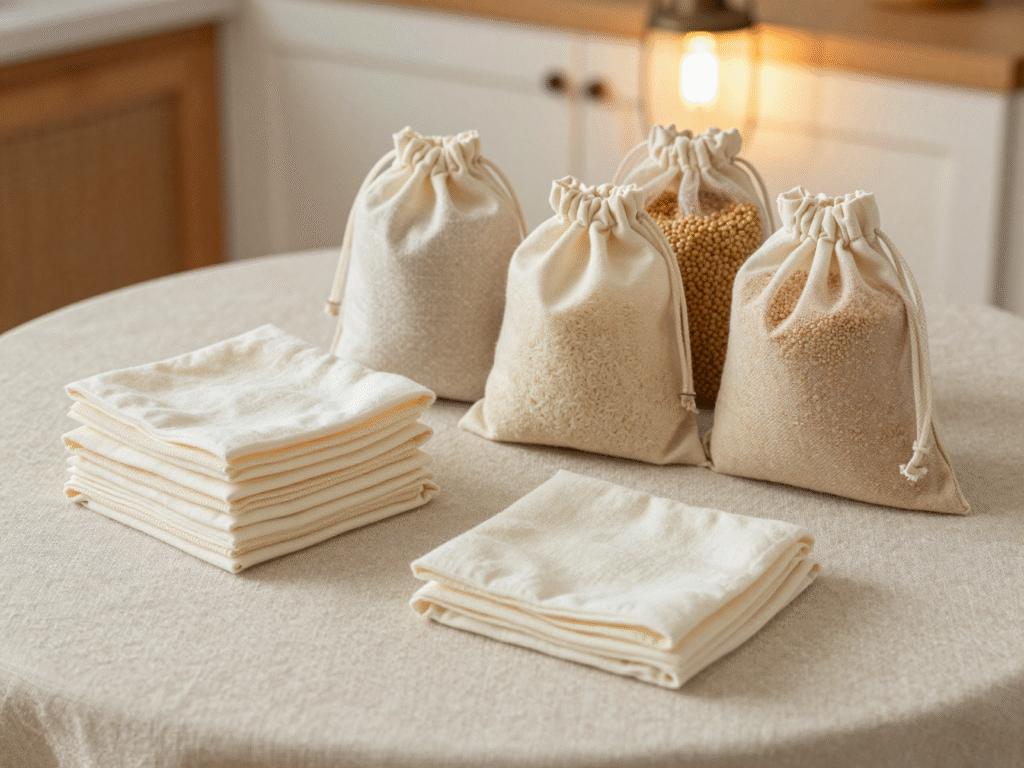Lingettes lavables empilées et sacs à vrac à coulisse remplis de lentilles et de riz, cousus dans des tissus récupérés