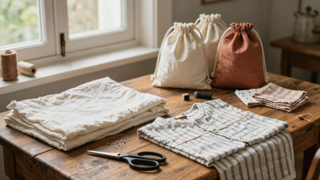 Table de couture avec vieux draps et chemise découpés, ciseaux, fil et sacs à vrac cousus en tissu de récupération