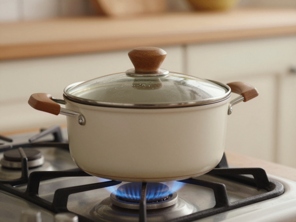 Casserole couverte sur une flamme adaptée à la taille du fond, condensation visible sous le couvercle en verre