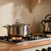 Casserole couverte d'un couvercle en verre sur un feu bien dimensionné, bouilloire et cocotte-minute à proximité