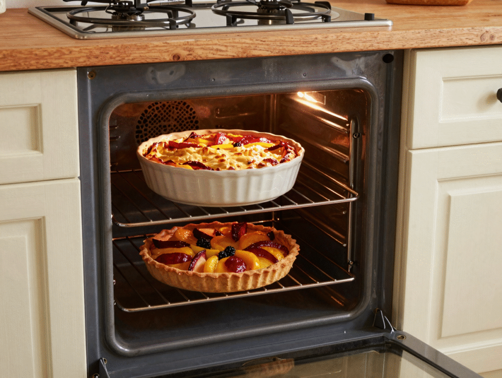 Four éclairé avec un gratin et une tarte qui cuisent ensemble sur deux niveaux