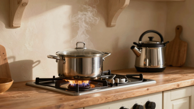 Casserole couverte d'un couvercle en verre sur un feu bien dimensionné, bouilloire et cocotte-minute à proximité