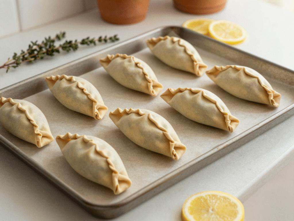 Papillotes de papier cuisson bien fermées sur une plaque, prêtes à enfourner
