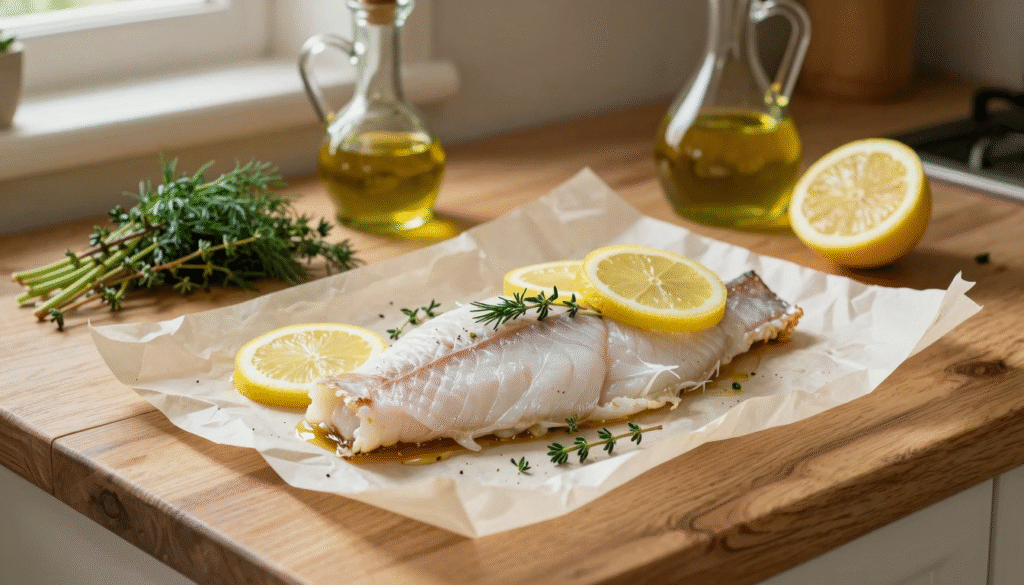 Filet de poisson sur papier cuisson avec rondelles de citron et herbes, prêt à être fermé en papillote