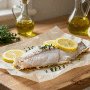 Filet de poisson sur papier cuisson avec rondelles de citron et herbes, prêt à être fermé en papillote