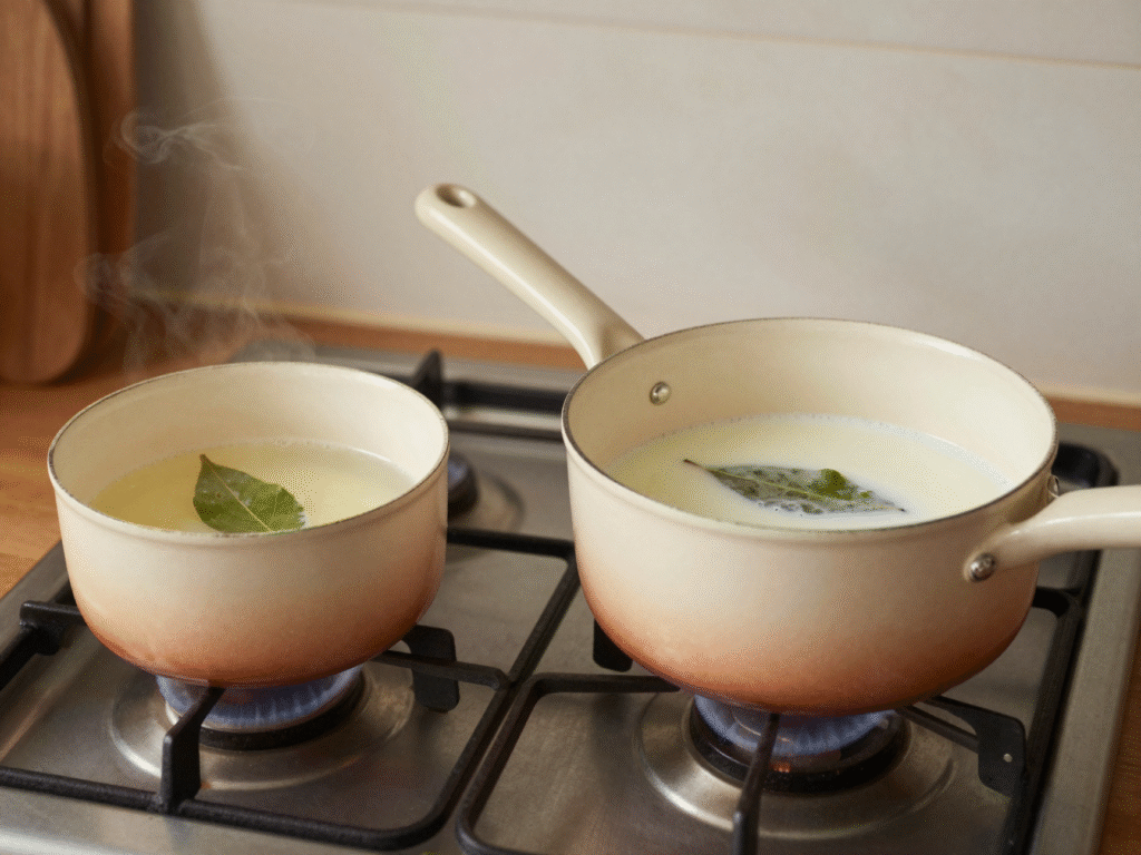Casserole de lait frémissant avec une feuille de laurier pour pocher le poisson en douceur