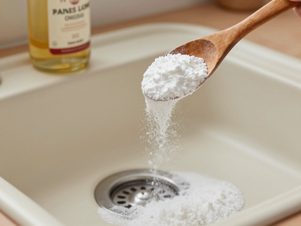 Bicarbonate de soude versé dans la bonde d'un évier avant l'ajout de vinaigre blanc