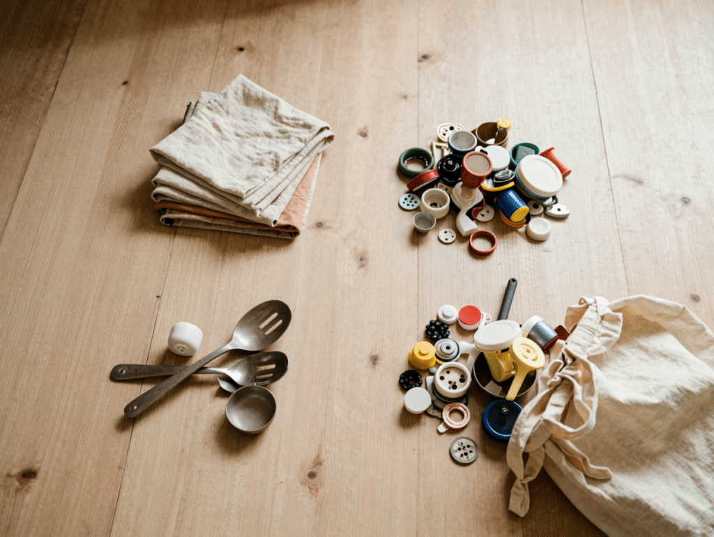 Vue de dessus de quatre petits tas d'objets bien séparés sur un parquet clair, à côté d'un sac ouvert