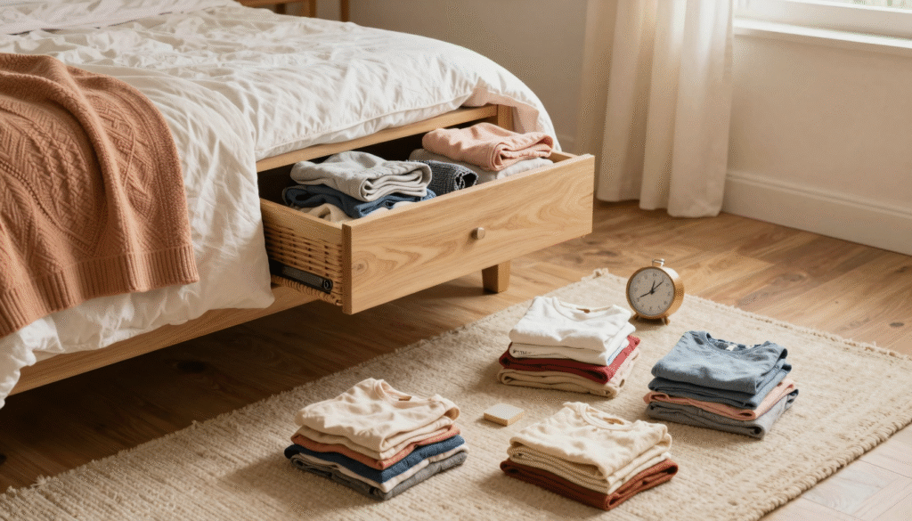 Un tiroir vidé sur un plateau et quatre petits tas d'objets posés sur un tapis, dans une chambre claire