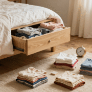 Un tiroir vidé sur un plateau et quatre petits tas d'objets posés sur un tapis, dans une chambre claire