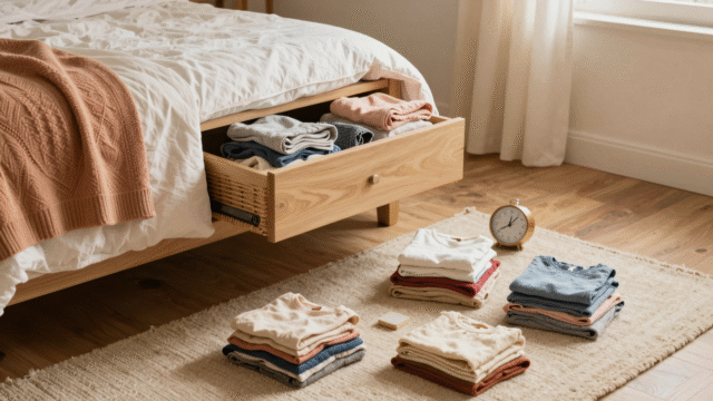 Un tiroir vidé sur un plateau et quatre petits tas d'objets posés sur un tapis, dans une chambre claire