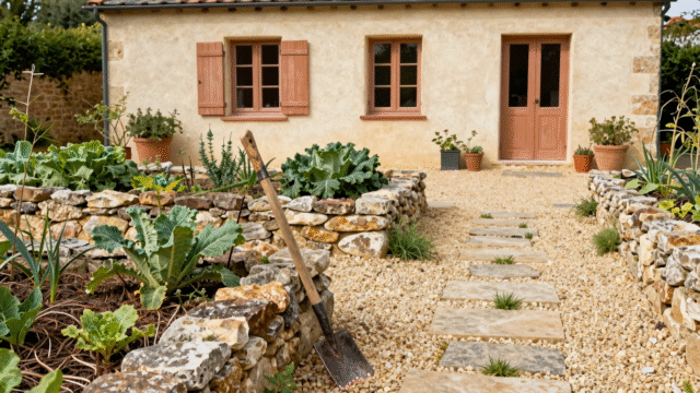 Potager paillé avec une binette appuyée contre un muret de pierre