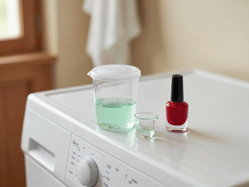 Bouchon doseur à peine rempli à côté d'un verre mesureur et d'un flacon de vernis rouge