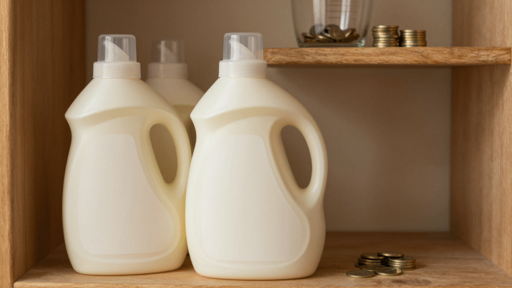 Bidons de lessive et liquide vaisselle avec bouchon doseur, verre mesureur et pièces de monnaie