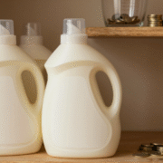 Bidons de lessive et liquide vaisselle avec bouchon doseur, verre mesureur et pièces de monnaie
