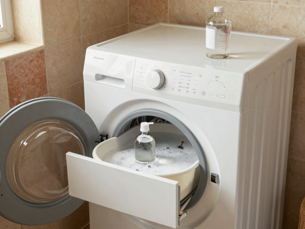 Lave-linge ouvert pendant la cure de désencrassage, bac à produits en trempage et vinaigre blanc