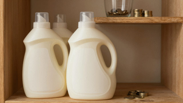 Bidons de lessive et liquide vaisselle avec bouchon doseur, verre mesureur et pièces de monnaie
