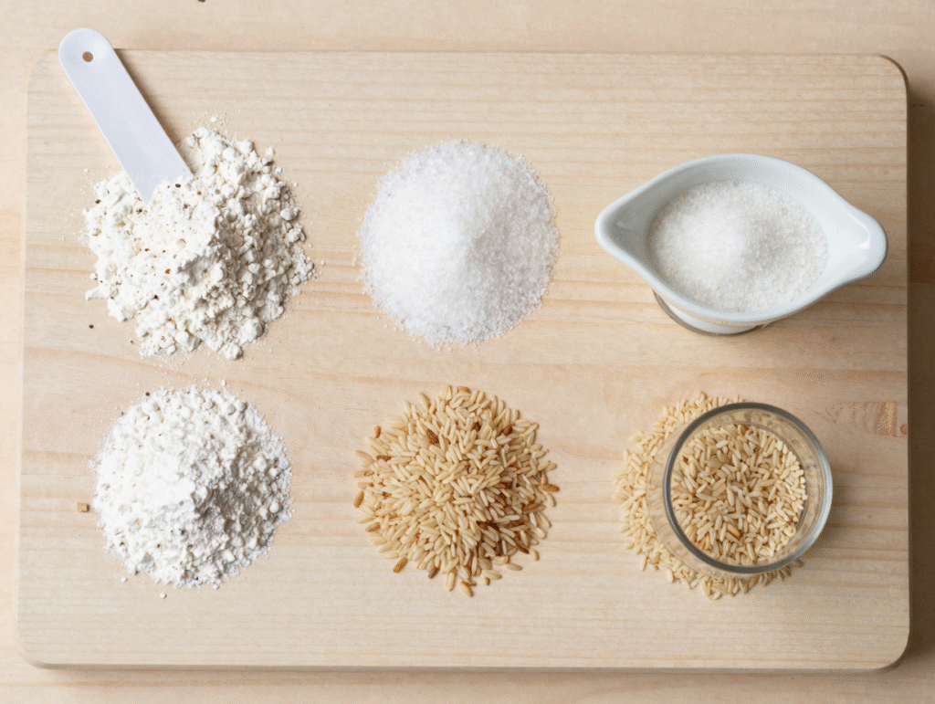 Vue de dessus : farine avec une cuillère rase, sucre avec un pot de yaourt, riz avec un petit verre droit