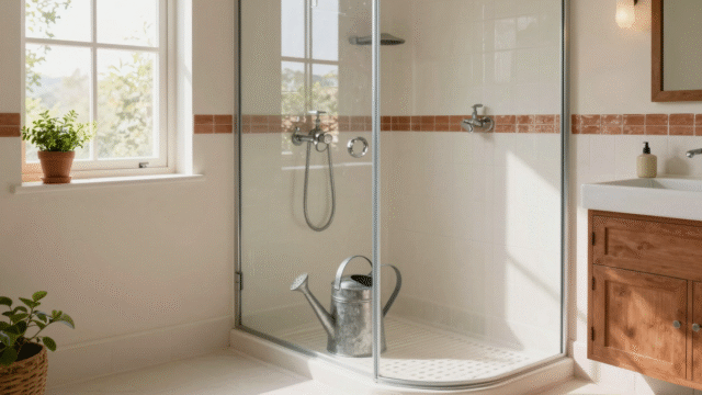 Arrosoir en métal posé dans une douche pour récupérer l'eau froide