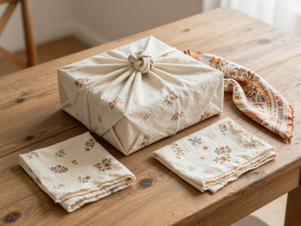 Boîte cadeau nouée dans un carré de tissu fleuri selon la technique du furoshiki