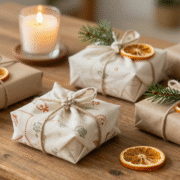 Cadeaux emballés en furoshiki de tissu et en papier kraft décoré de ficelle et d'orange séchée