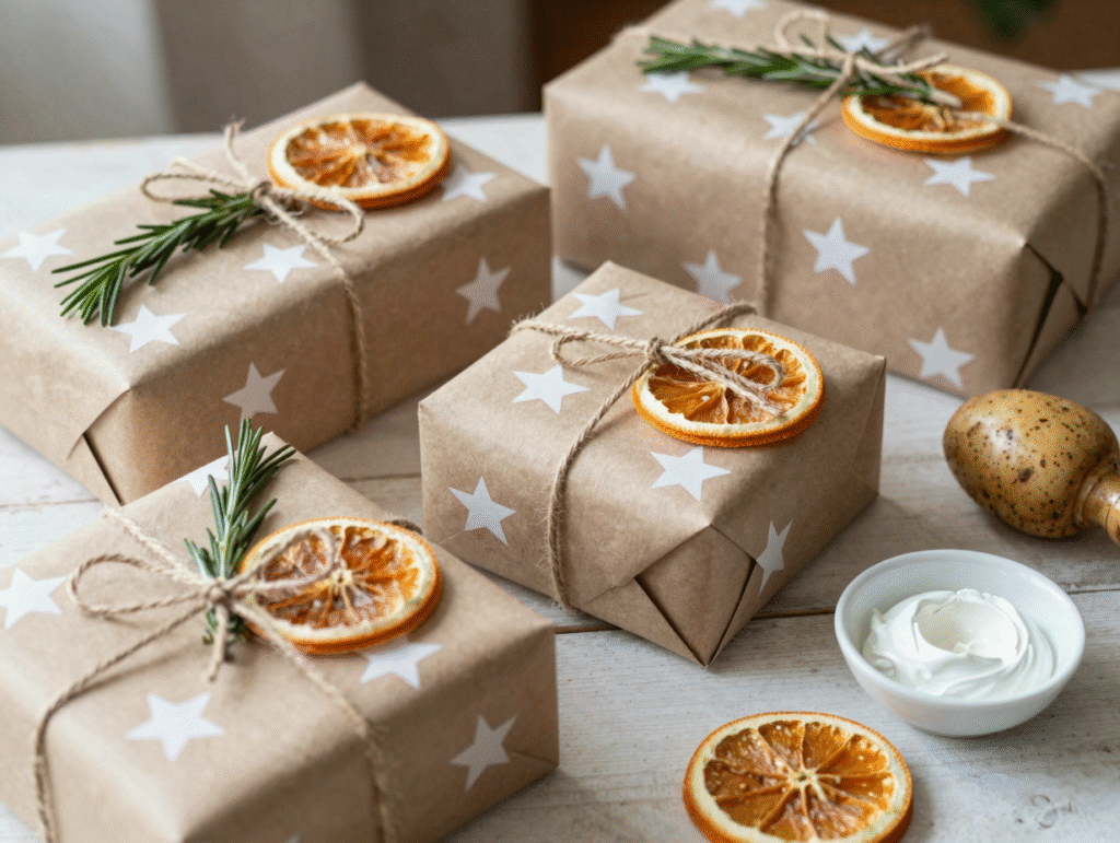 Paquets en kraft décorés au tampon en pomme de terre, ficelle, romarin et orange séchée