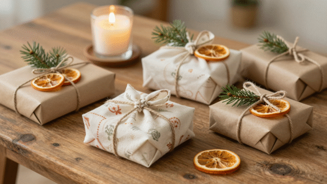 Cadeaux emballés en furoshiki de tissu et en papier kraft décoré de ficelle et d'orange séchée