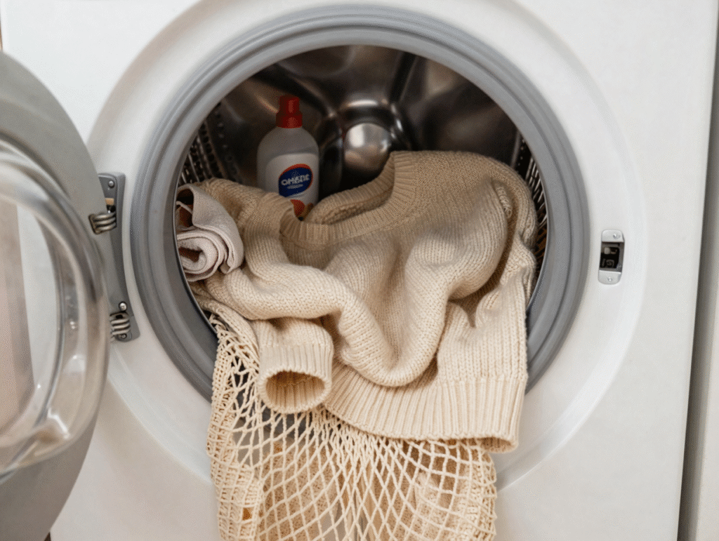 Pull retourné sur l'envers dans un filet de lavage posé sur le tambour d'un lave-linge