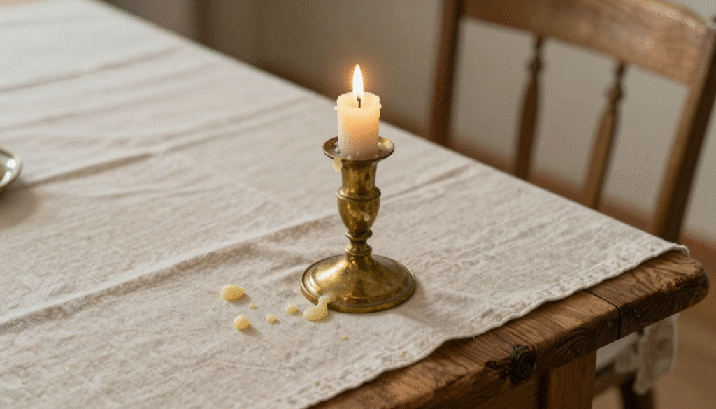 Bougeoir en laiton et coulures de cire figées sur une nappe en lin blanc