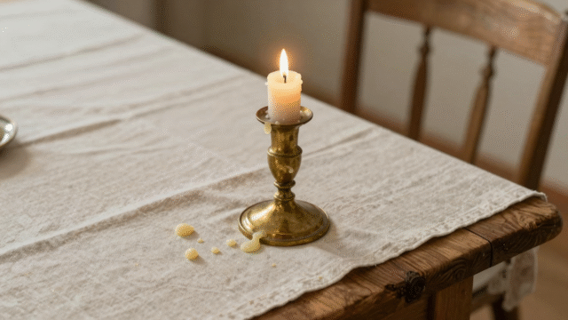Bougeoir en laiton et coulures de cire figées sur une nappe en lin blanc